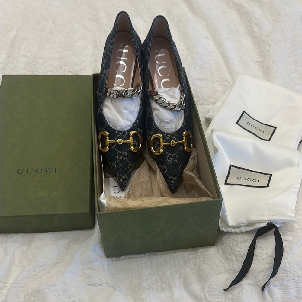 Gucci Black Monogram Heels with Chain Detail